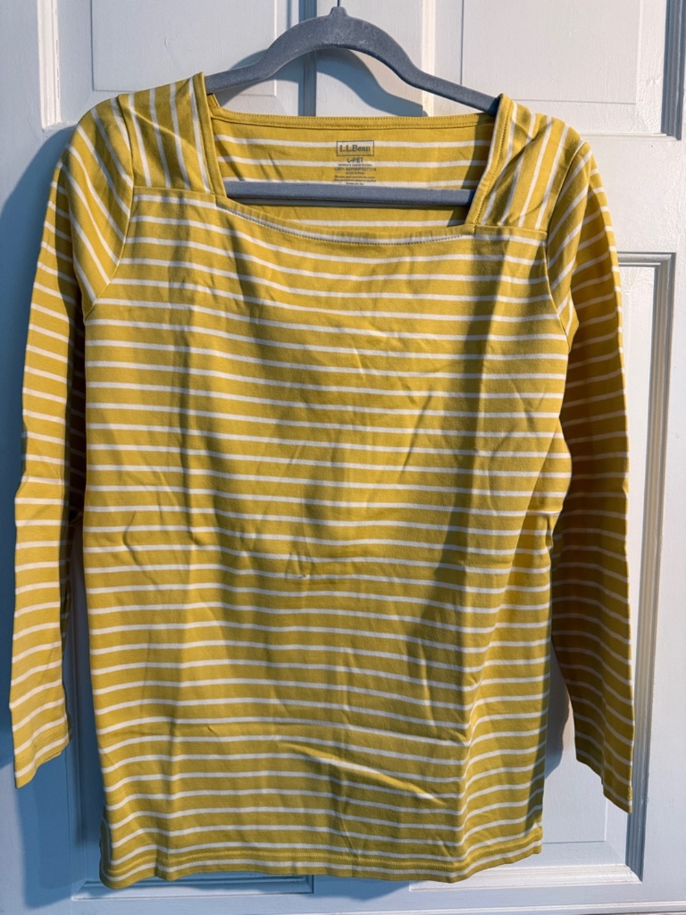 L.L. Bean Yellow and White Striped Square-Neck Long Sleeve Tee
